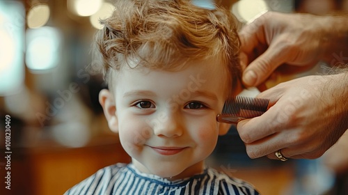 Young Boy Getting Haircut with Comb in a Barber Shop