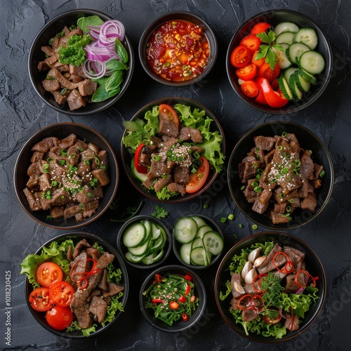 Spicy Salads Set, Salat Collection with Beef Meat and Vegetables Salats Top View, Restaurant Buffet Menu