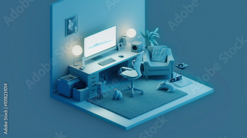 Isometric View of a Modern Workspace Featuring a Desk, Chair, and Decorative Elements