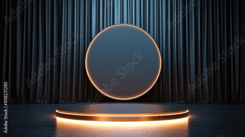 Illuminated Circular Platform with Backdrop of Draped Curtains