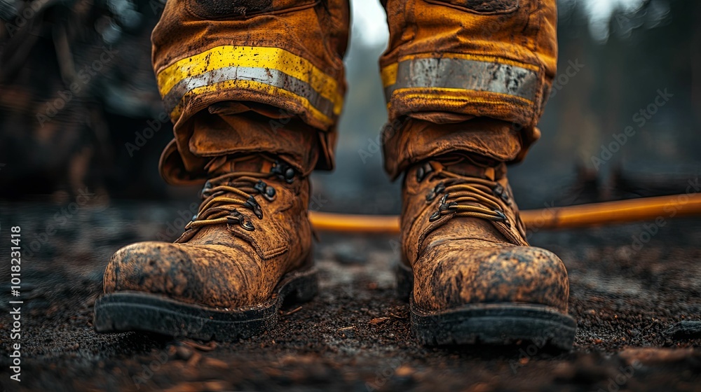 Mud-Covered Boots of a Firefighter After a Wildfire Mud-Covered Boots of a Firefighter After a Wildfire