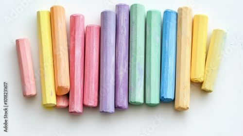 An overhead shot of colorful chalk sticks in a variety of hues, spread out on a white background, perfect for education or creativity themes