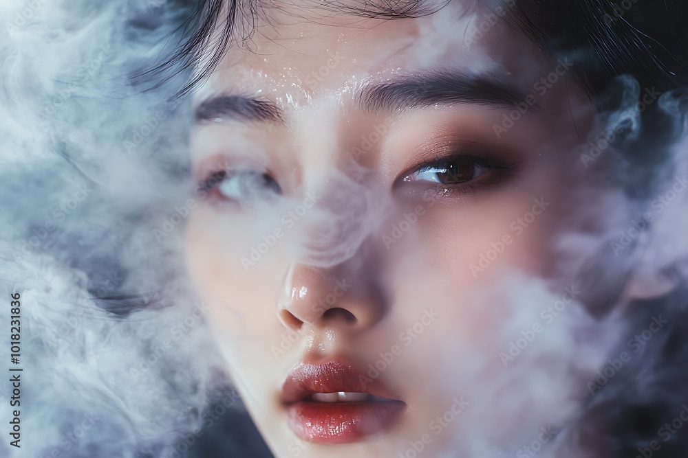 Close-up Portrait of a Woman's Face Partially Obscured by Smoke Close-up Portrait of a Woman's Face Partially Obscured by Smoke