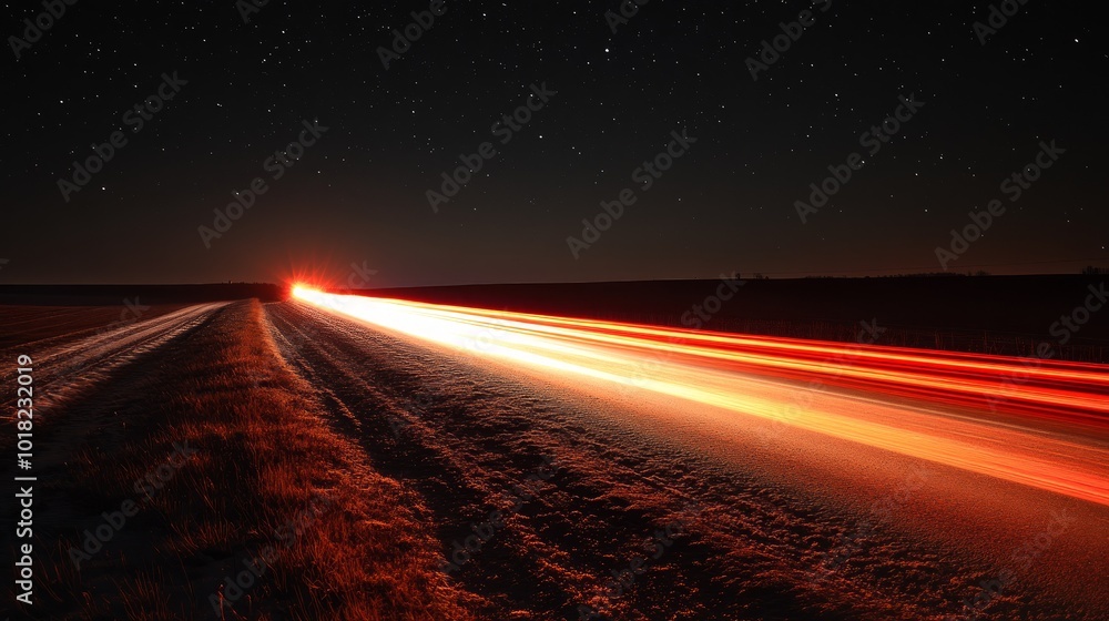 A long exposure photograph of a car driving down a road at night with a starry sky above. A long exposure photograph of a car driving down a road at night with a starry sky above.
