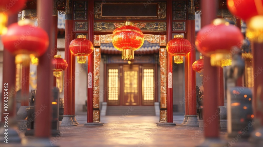 Obraz premium Red Lanterns and Golden Doors in a Chinese Temple Courtyard