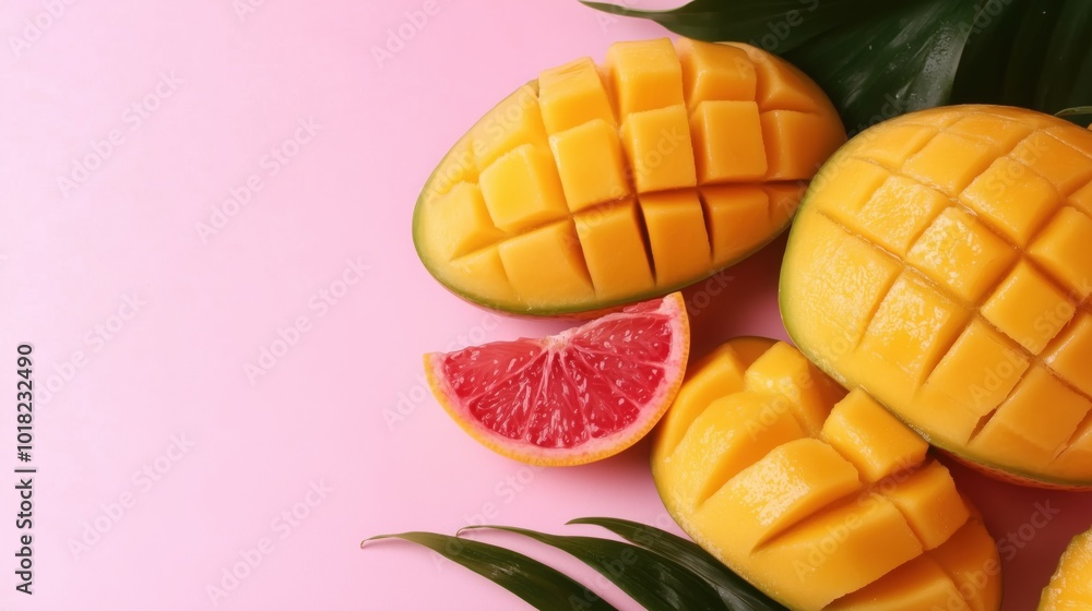 Fresh mangoes and citrus on pink background for culinary and design use Fresh mangoes and citrus on pink background for culinary and design use