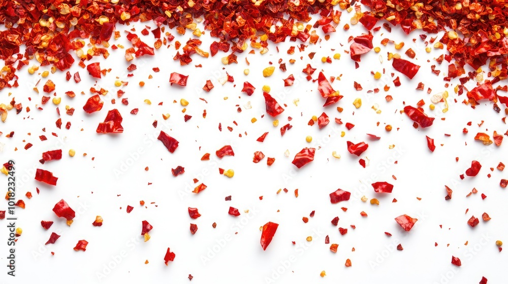 An overhead view of crushed red chili pepper flakes, densely scattered on a white background, perfect for illustrating spiciness An overhead view of crushed red chili pepper flakes, densely scattered on a white background, perfect for illustrating spiciness