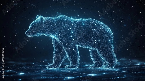 A technologically driven wireframe bear is portrayed walking with a backdrop of endless cosmic lights, symbolizing exploration and digital evolution journey. photo