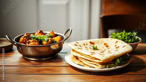 Wooden table with sizzling chicken karahi in a traditional steel pot, fresh naan stacked on a side plate, and a bowl of vibrant green salad