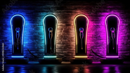 Four glowing neon signs against a brick wall.