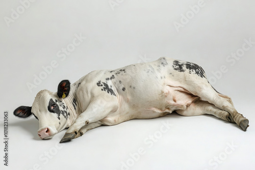 A cow laying down on a white background photo