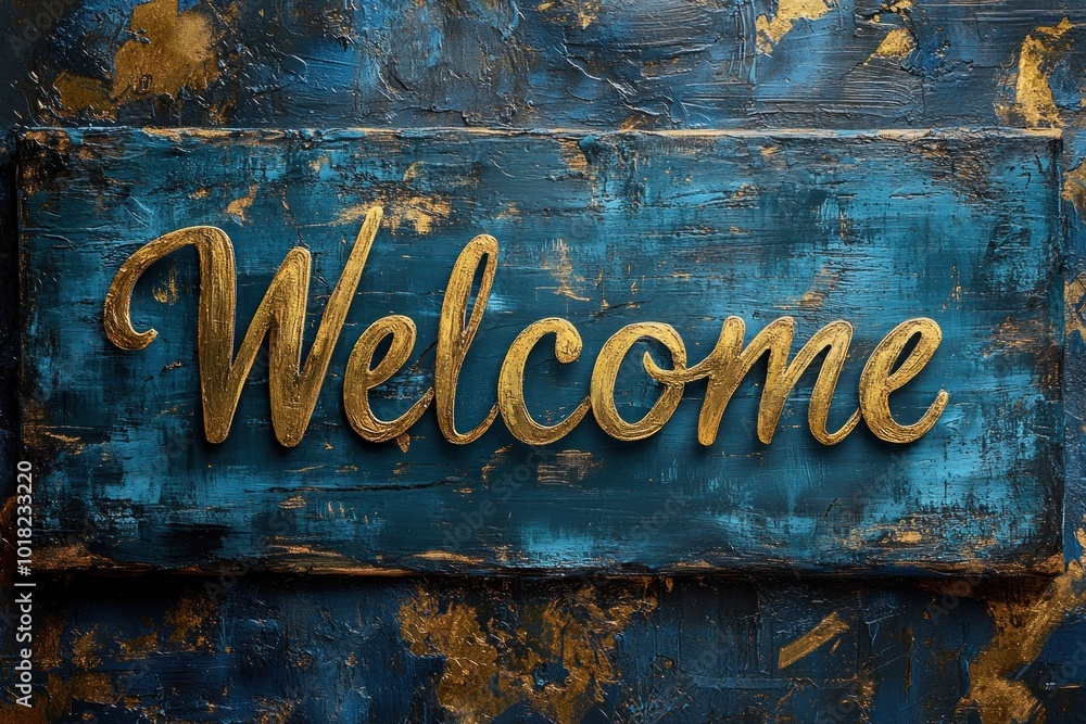 Fototapeta premium Welcome Sign on Rustic Blue Wood