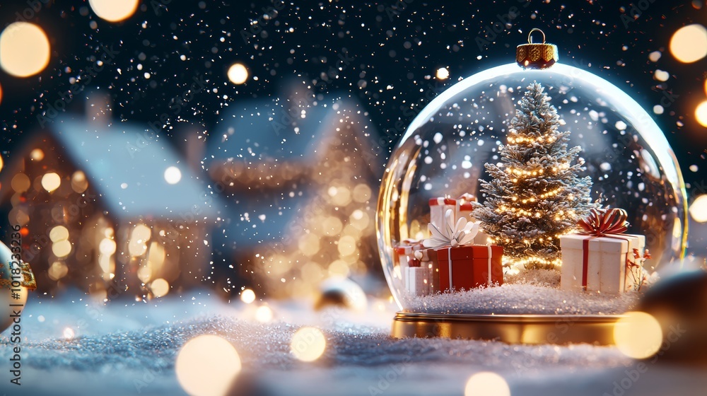 Festive Christmas scene with red ornaments, candy canes, wrapped gifts, and a snow globe, placed next to a snow-covered Christmas tree. Soft, glowing bokeh lights fill the light background. Festive Christmas scene with red ornaments, candy canes, wrapped gifts, and a snow globe, placed next to a snow-covered Christmas tree. Soft, glowing bokeh lights fill the light background.