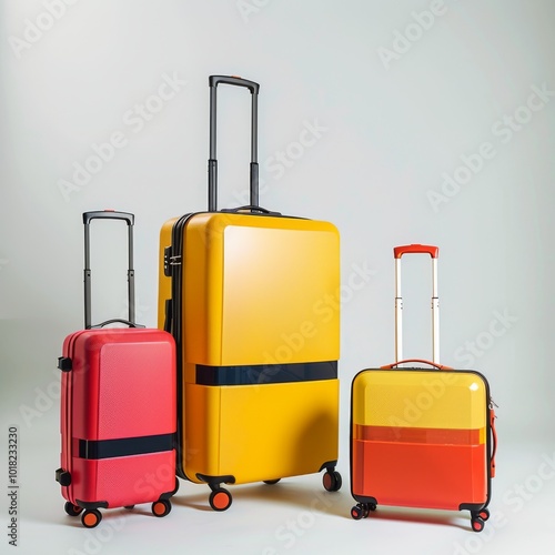 Color suitcases set isolated, modern travel bags group, handbags pack, different luggages, baggage collection photo