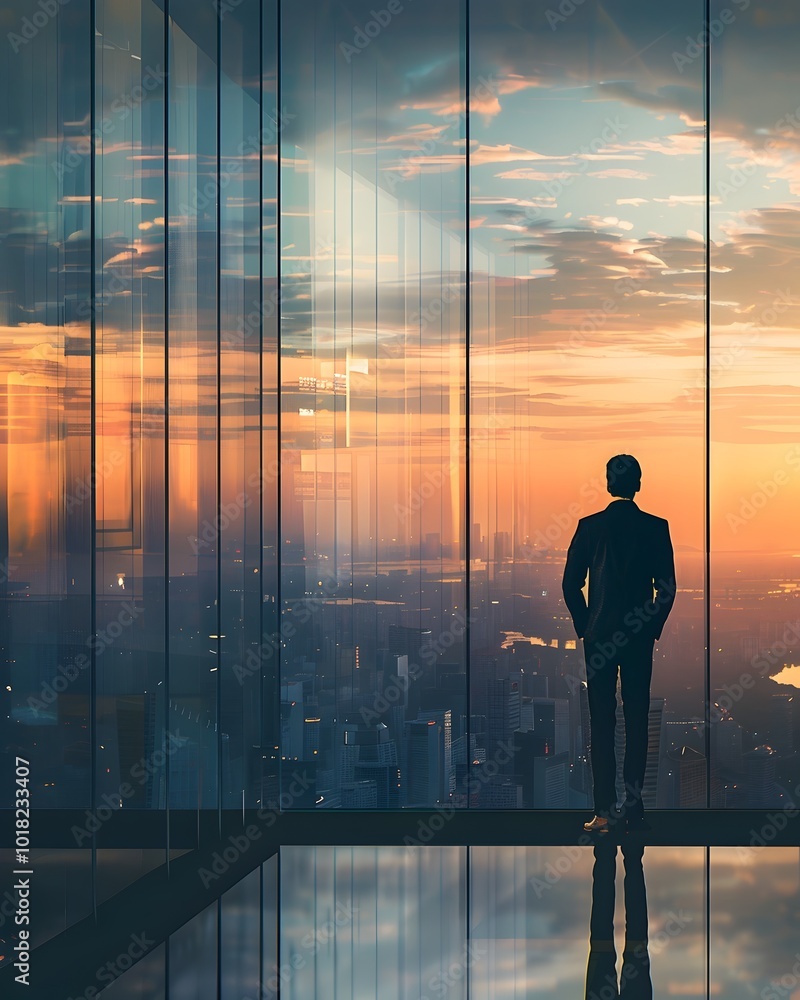 Silhouetted Business Visionary Gazing Out Glass Office at Dramatic Cityscape Sunset Silhouetted Business Visionary Gazing Out Glass Office at Dramatic Cityscape Sunset