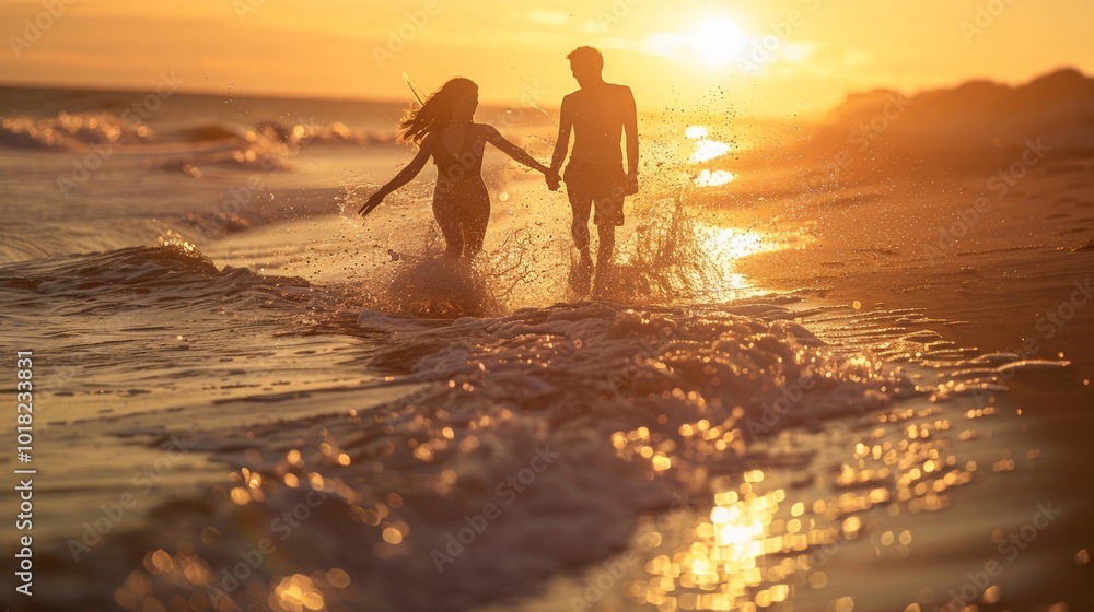 Fototapeta premium A couple walks hand in hand along the beach during a beautiful sunset, enjoying the warm waves and each other's company.