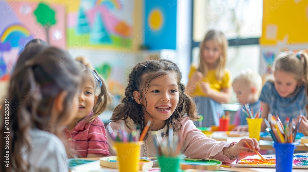 Fototapeta premium Happy children playing with paints in a bright classroom filled with colors and creativity. Art encourages imagination and fun.