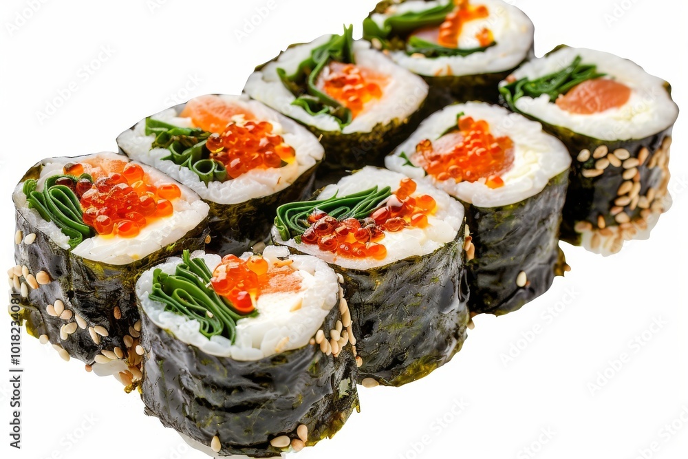 Various Maki Sushi Set Isolated on White Background Top View. Baked Norimaki Rolls Various Maki Sushi Set Isolated on White Background Top View. Baked Norimaki Rolls