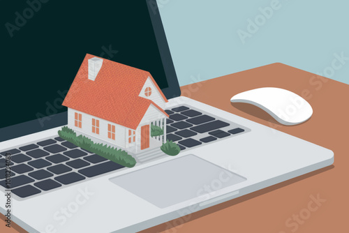 Miniature house on laptop keyboard, real estate and mortgage concept.