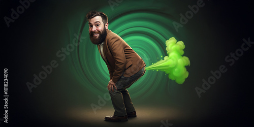 Man Smiling Farting a Green Cloud Mist, Gross Breaking Wind Flatulence, Toot Passing Gas