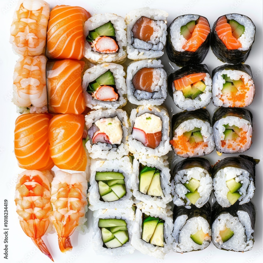 Big Set of Various Maki Sushi Isolated on White Background Top View. Baked Norimaki Rolls Big Set of Various Maki Sushi Isolated on White Background Top View. Baked Norimaki Rolls