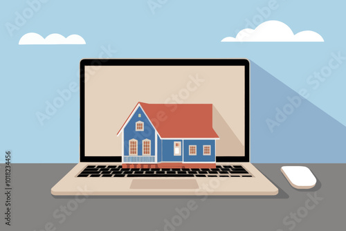 Miniature house on laptop keyboard, real estate and mortgage concept.