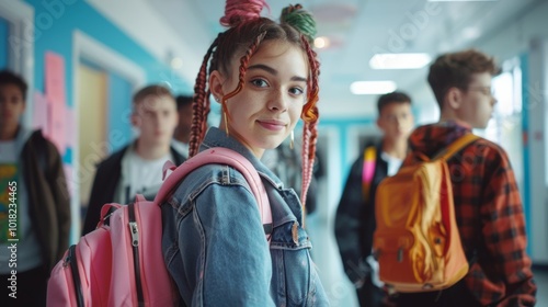 A girl with colorful hair and a pink backpack stands in a school hallway. Her friends are nearby, making the scene lively and fun.