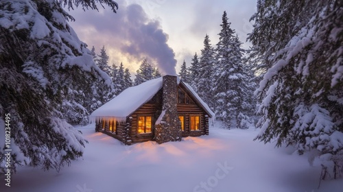 Enchanting Winter Cabin Retreat Amidst Snowy Forest Landscape