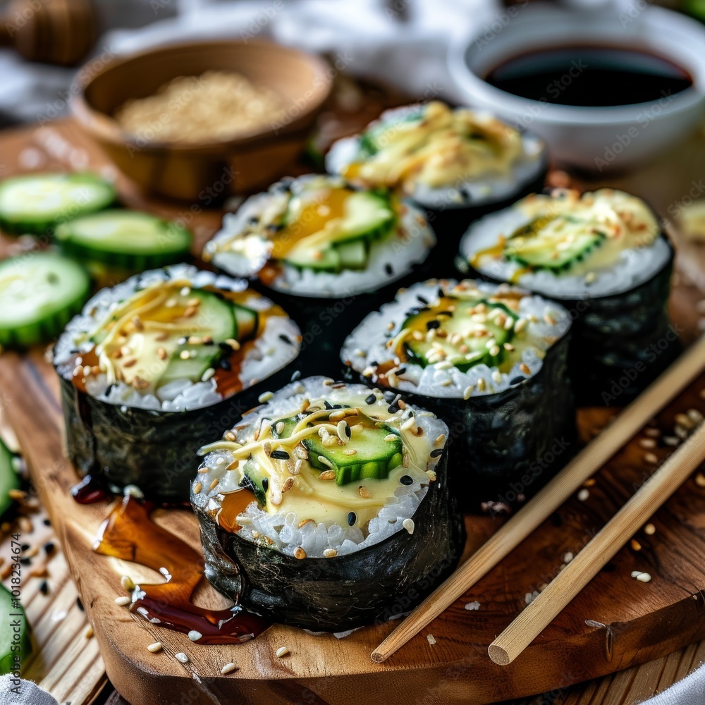 Uramaki Sushi Rolls Topped with White Spicy Cheese Sauce and Brown Soy Sauce Top View. Nori Maki Set Uramaki Sushi Rolls Topped with White Spicy Cheese Sauce and Brown Soy Sauce Top View. Nori Maki Set