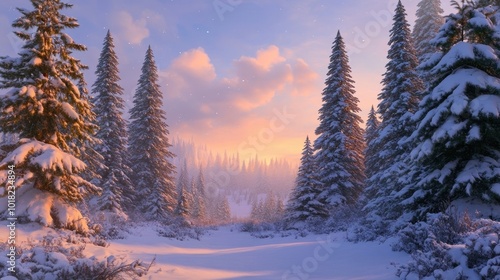 Winter Wonderland at Sunrise with Snow-Covered Pines