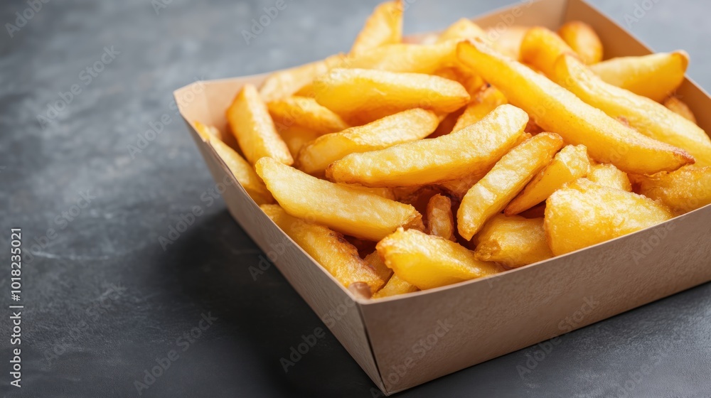 Golden french fries in cardboard box on grey surface for food advertising Golden french fries in cardboard box on grey surface for food advertising