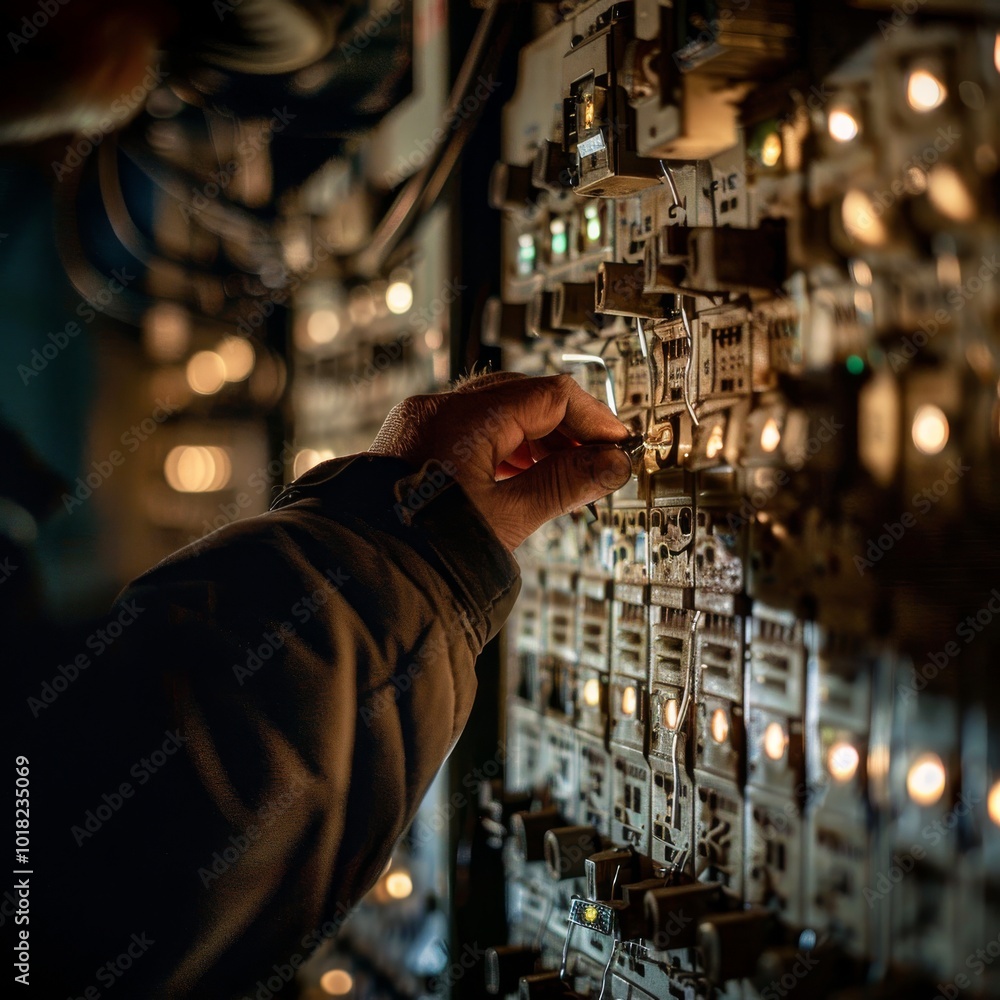 Electrical Panel Repair, Electrician Switching off Circuit Breakers in Fuse Box, Hands Closeup Electrical Panel Repair, Electrician Switching off Circuit Breakers in Fuse Box, Hands Closeup