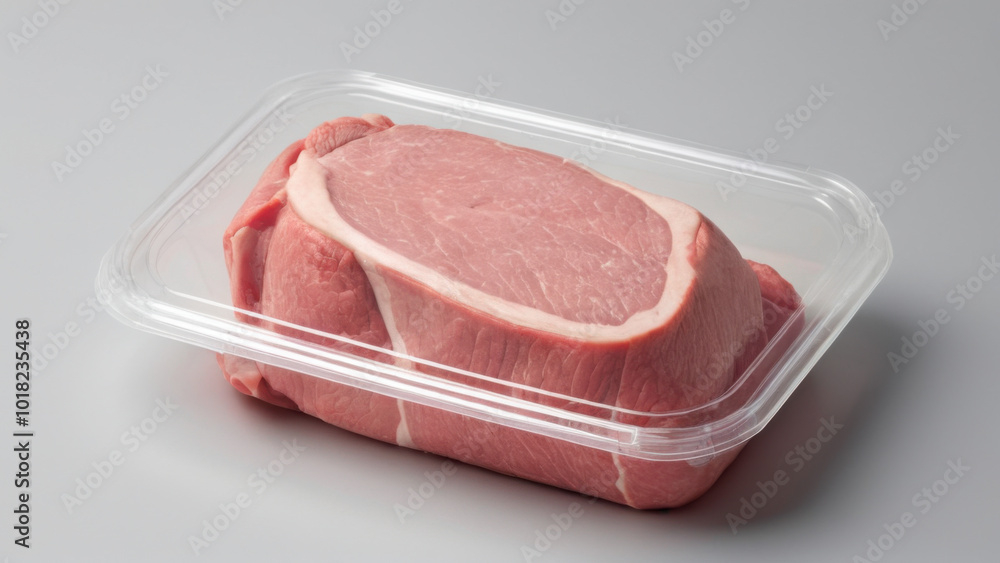 Close-up of a neatly packaged pork chop in clear plastic. This image highlights the freshness and quality of the meat, making it suitable for grocery stores, butcher shops, and marketing campaigns. Close-up of a neatly packaged pork chop in clear plastic. This image highlights the freshness and quality of the meat, making it suitable for grocery stores, butcher shops, and marketing campaigns.
