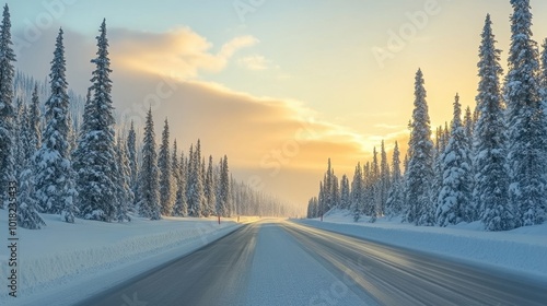Winter Road Journey Through Snow-Covered Pine Forest at Sunset