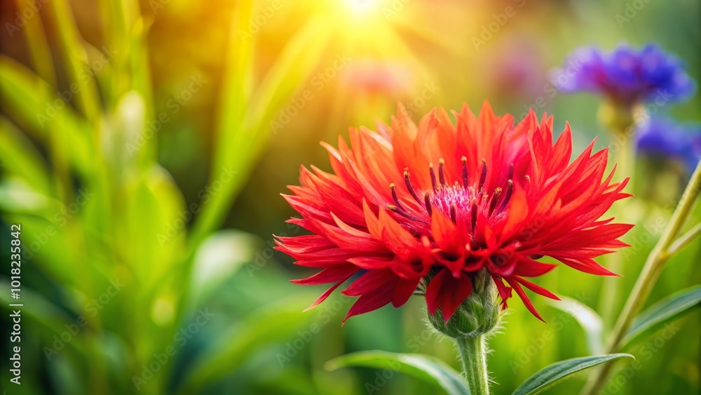 Vibrant Red Cornflower in Natural Setting with Copy Space for Text Enhancement Vibrant Red Cornflower in Natural Setting with Copy Space for Text Enhancement