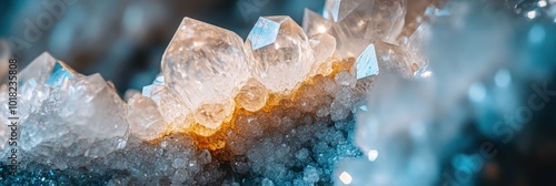 Glistening Crystals in Geode, intricate details of sparkling minerals within a rock formation showcasing nature's hidden beauty photo