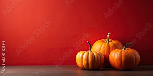 Minimalist Thanksgiving red background frame with decorative pumpkins Autumn still life Halloween holiday