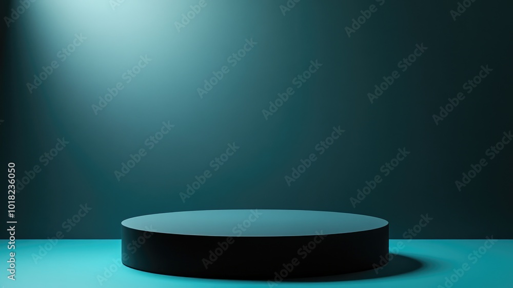 Black Cylinder Platform on a Teal Surface with a Light Beam Black Cylinder Platform on a Teal Surface with a Light Beam