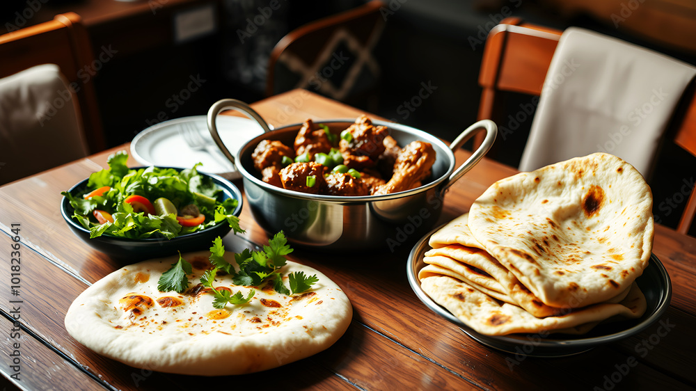Wooden table with sizzling chicken karahi in a traditional steel pot, fresh naan stacked on a side plate, and a bowl of vibrant green salad Wooden table with sizzling chicken karahi in a traditional steel pot, fresh naan stacked on a side plate, and a bowl of vibrant green salad
