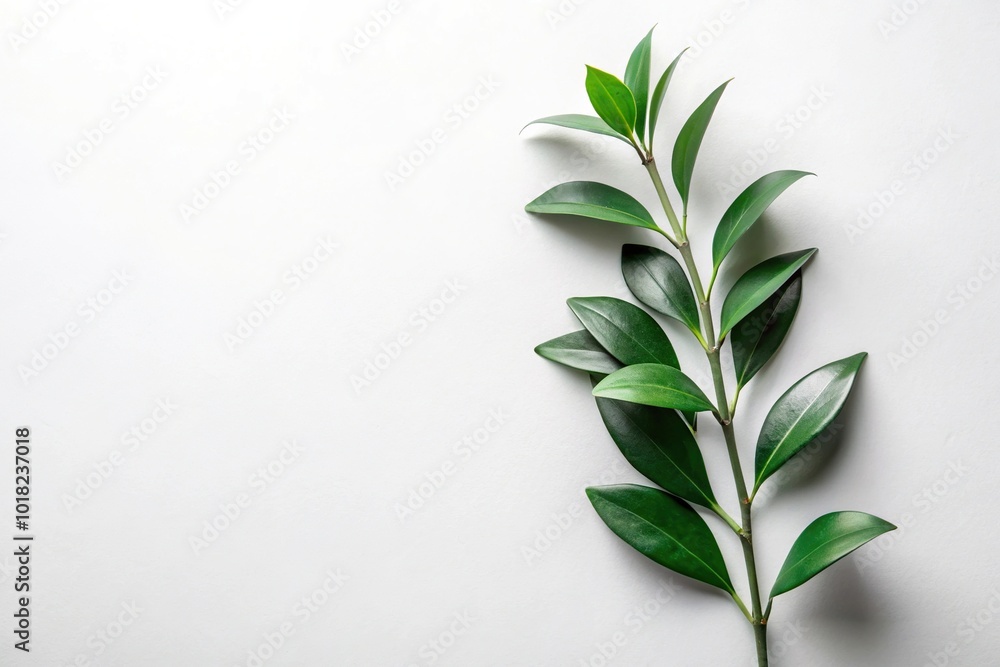 Minimalist twig of ruscus plant on white background Minimalist twig of ruscus plant on white background