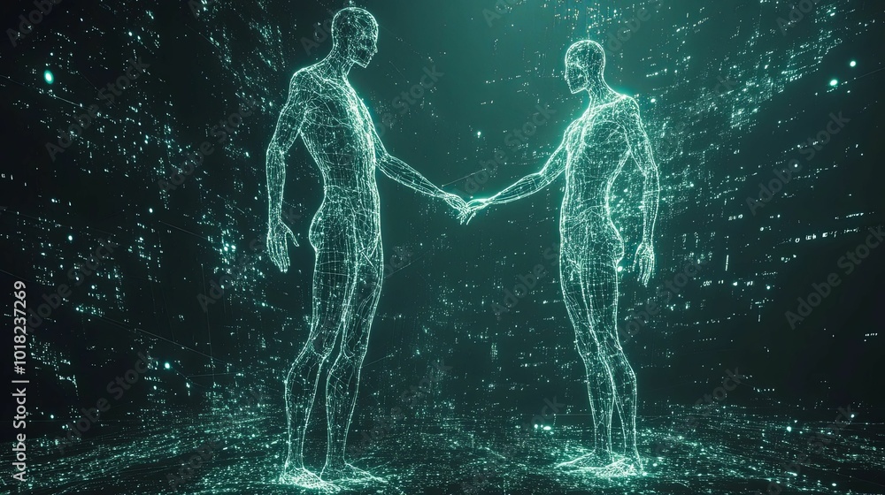 Two Digital Human Figures Holding Hands in a Green and Black Digital Space Two Digital Human Figures Holding Hands in a Green and Black Digital Space
