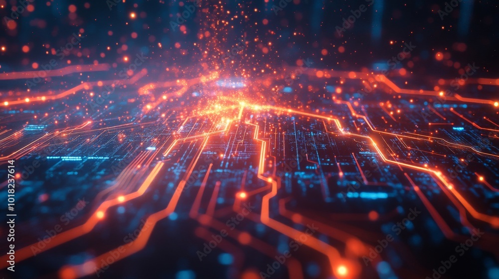 Abstract glowing circuit board with particles and lines Abstract glowing circuit board with particles and lines