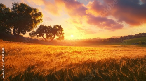 Golden sunset over a peaceful field with tall grass and beautiful trees in the distance. Calm and serene nature scene. photo