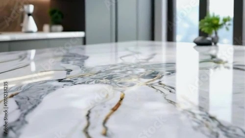 Close-up of White Marble Kitchen Countertop with Golden Veins
