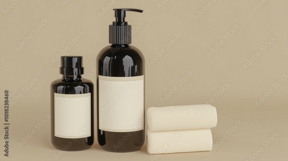 Minimalist personal hygiene bottles and towels for spa and wellness design Minimalist personal hygiene bottles and towels for spa and wellness design
