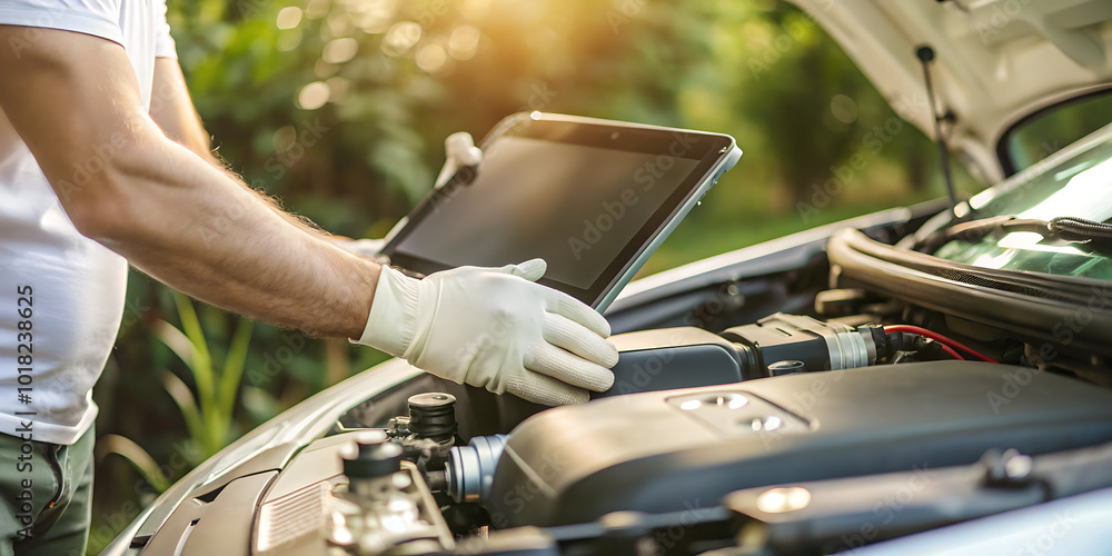 Mechanic Inspecting car engine using digital tablet, A mechanic wearing gloves uses a digital tablet to inspect the engine of a car with the hood open.
Mechanic Inspecting car engine using digital tablet, A mechanic wearing gloves uses a digital tablet to inspect the engine of a car with the hood open.