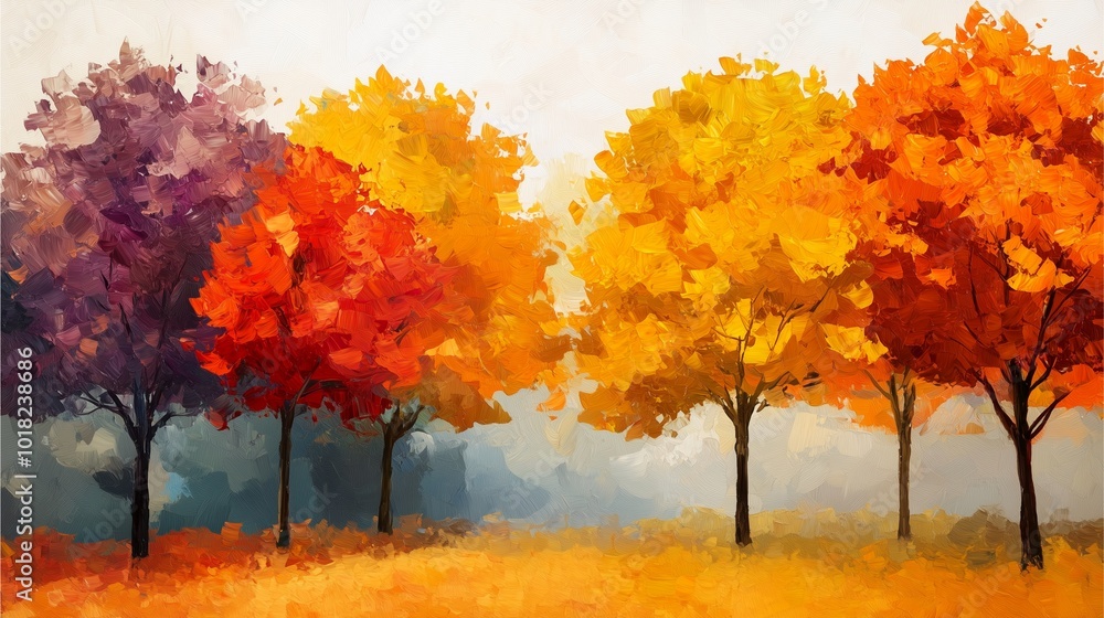A vibrant autumn scene featuring colorful trees in shades of orange, yellow, and purple set against a soft, blurred background. A vibrant autumn scene featuring colorful trees in shades of orange, yellow, and purple set against a soft, blurred background.