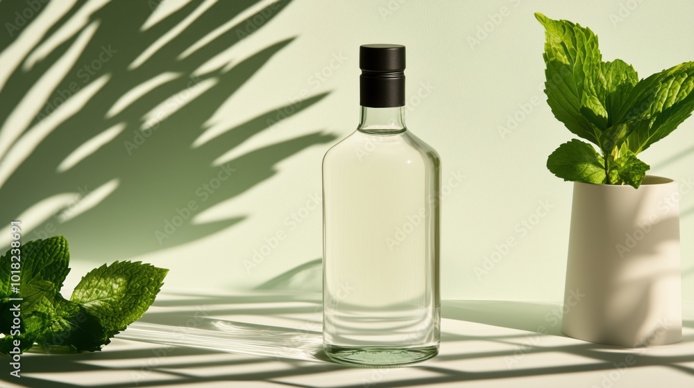 Minimalist vodka bottle with mint leaves for spring-themed branding and design Minimalist vodka bottle with mint leaves for spring-themed branding and design
