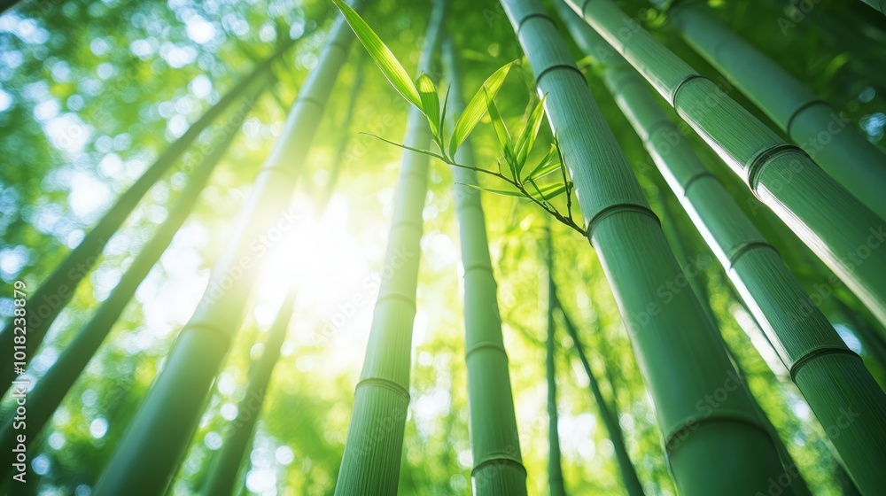Obraz premium A low angle view of a dense bamboo forest with sunlight shining through the leaves.