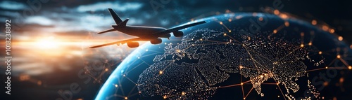 A silhouette of an airplane flies over a glowing, interconnected globe, symbolizing global travel and communication.